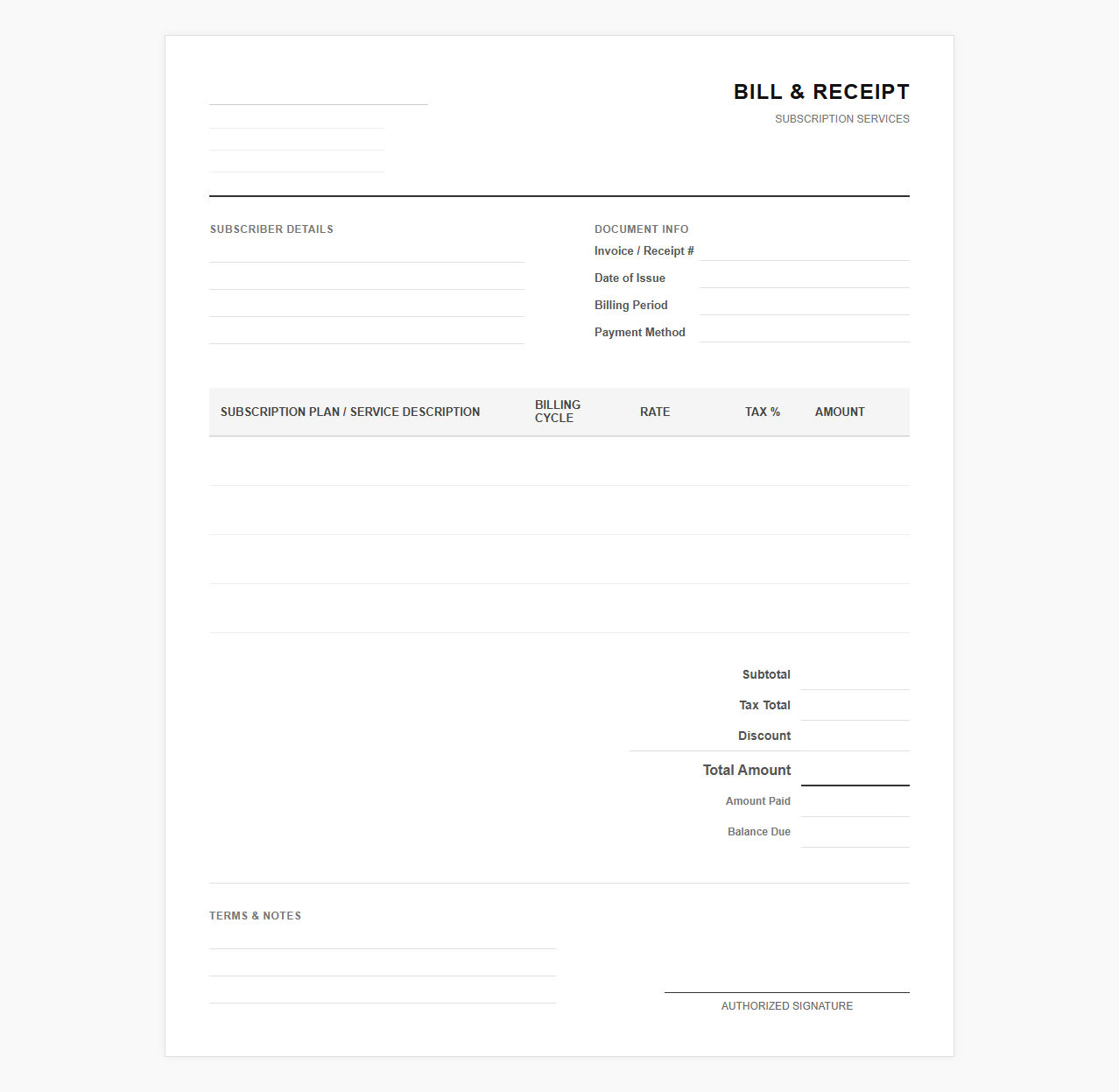 Subscription Service Bill and Receipt Template