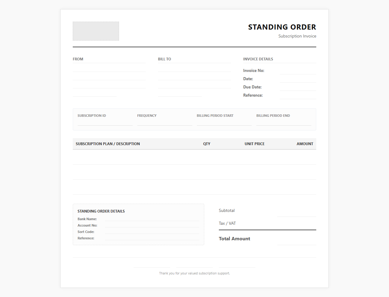 Subscription and Standing Order Invoice Layout