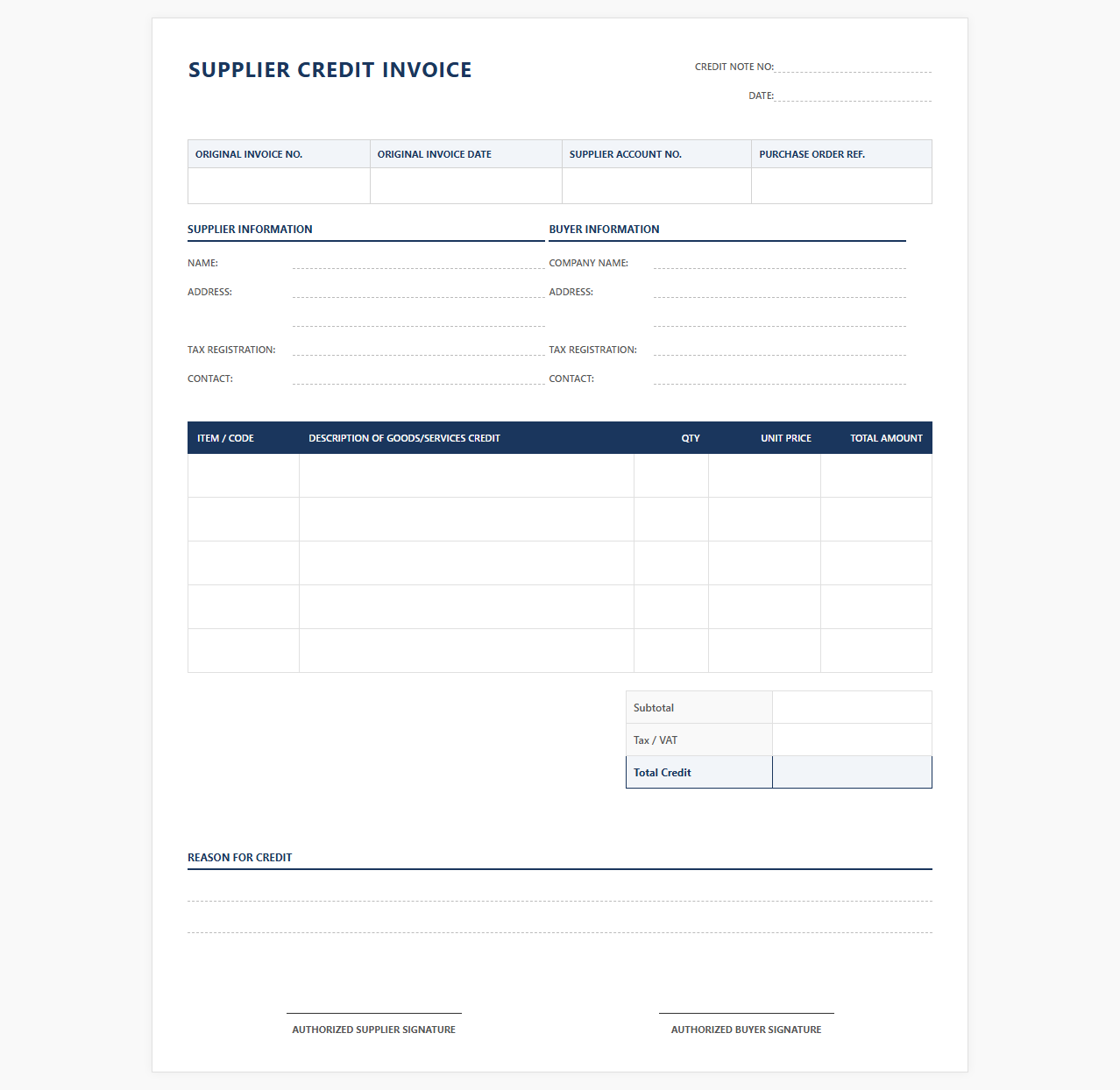Supplier Purchase Credit Invoice Form