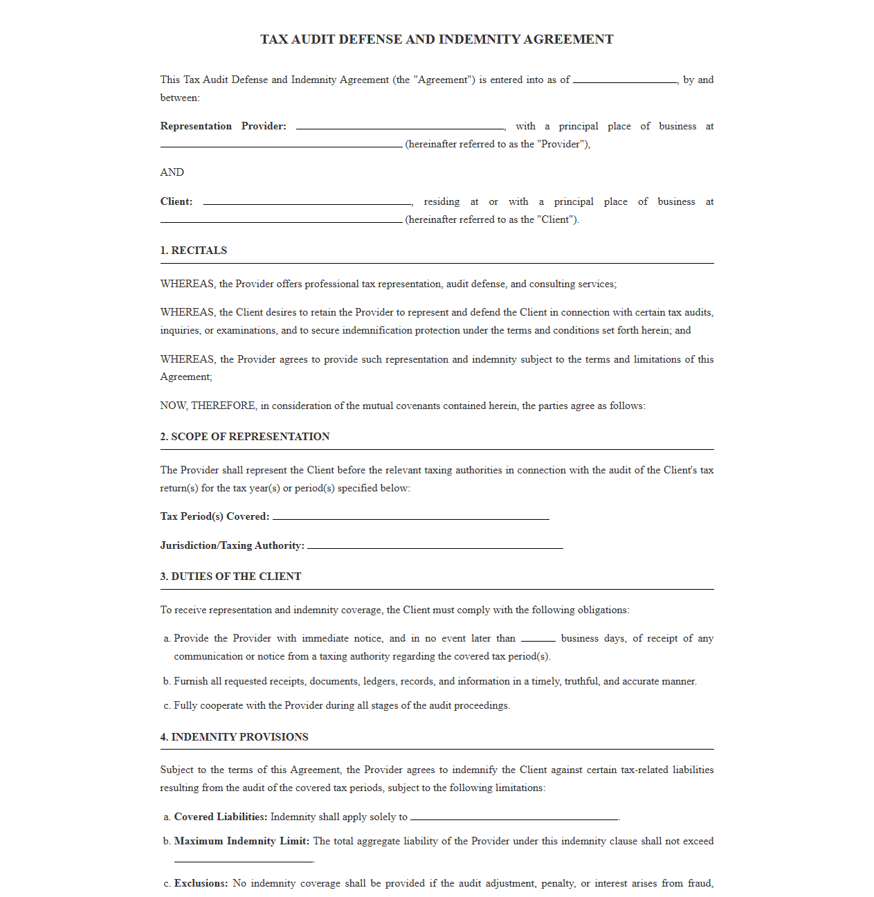 Tax Audit Defense and Indemnity Agreement Template