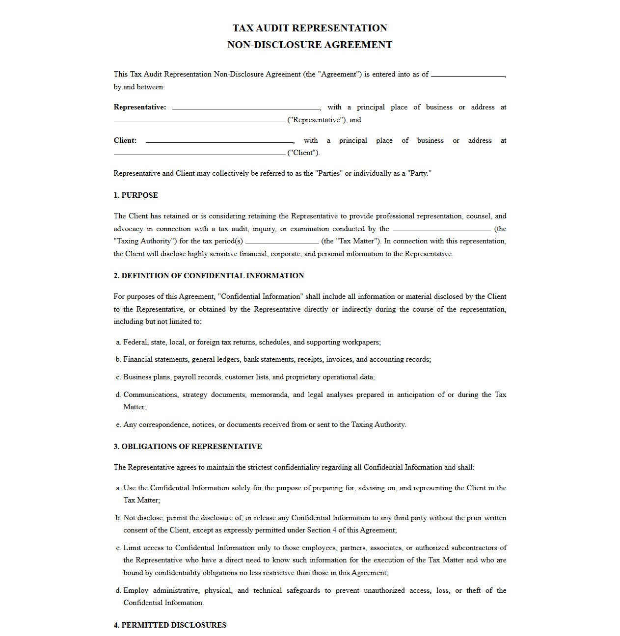 Tax Audit Representation Non-Disclosure Agreement