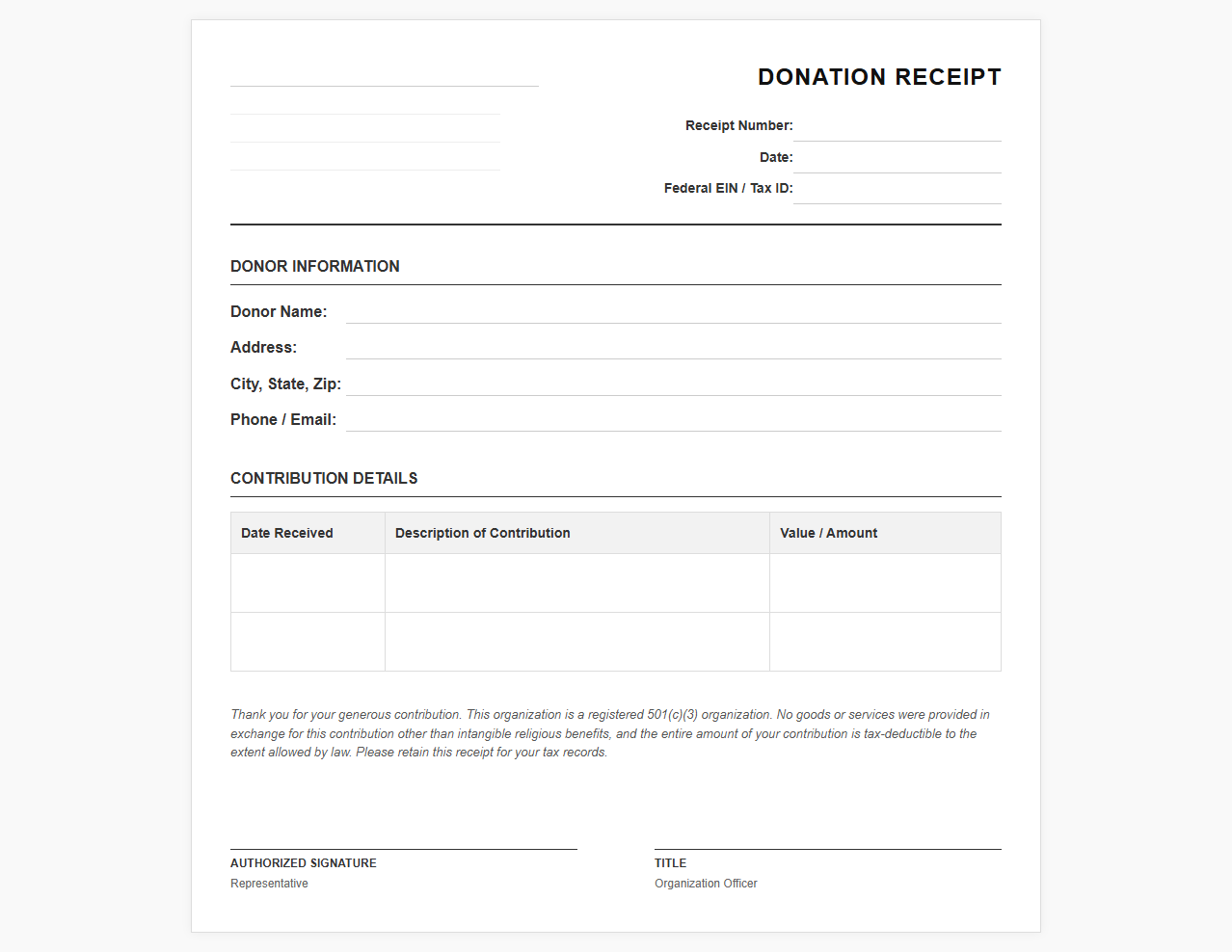 Tax Deductible Donation Receipt Template
