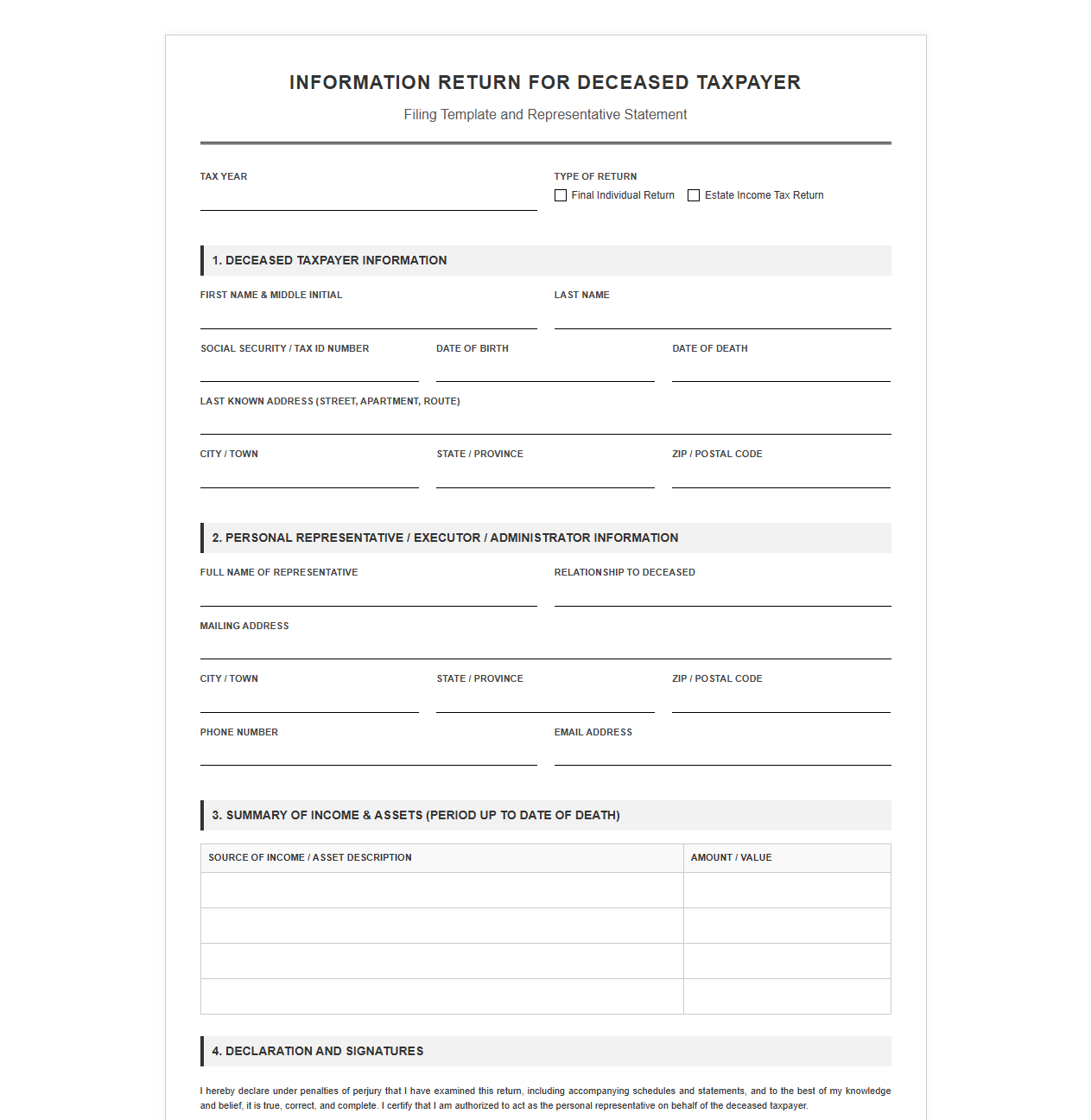 Tax Filing Template for Deceased Individual