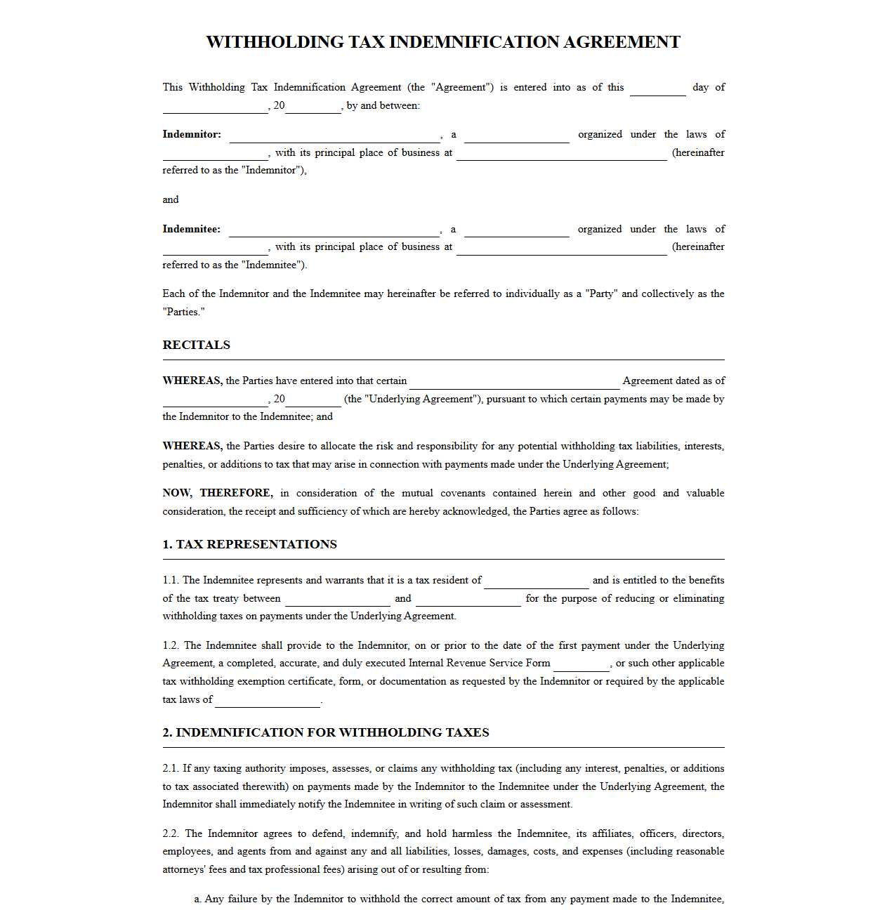 Tax Indemnification Agreement Template