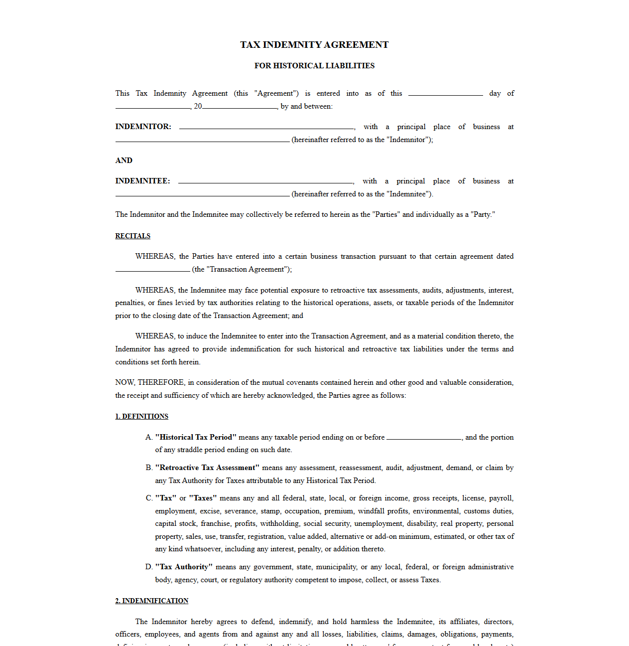 Tax Indemnity Agreement for Historical Liabilities