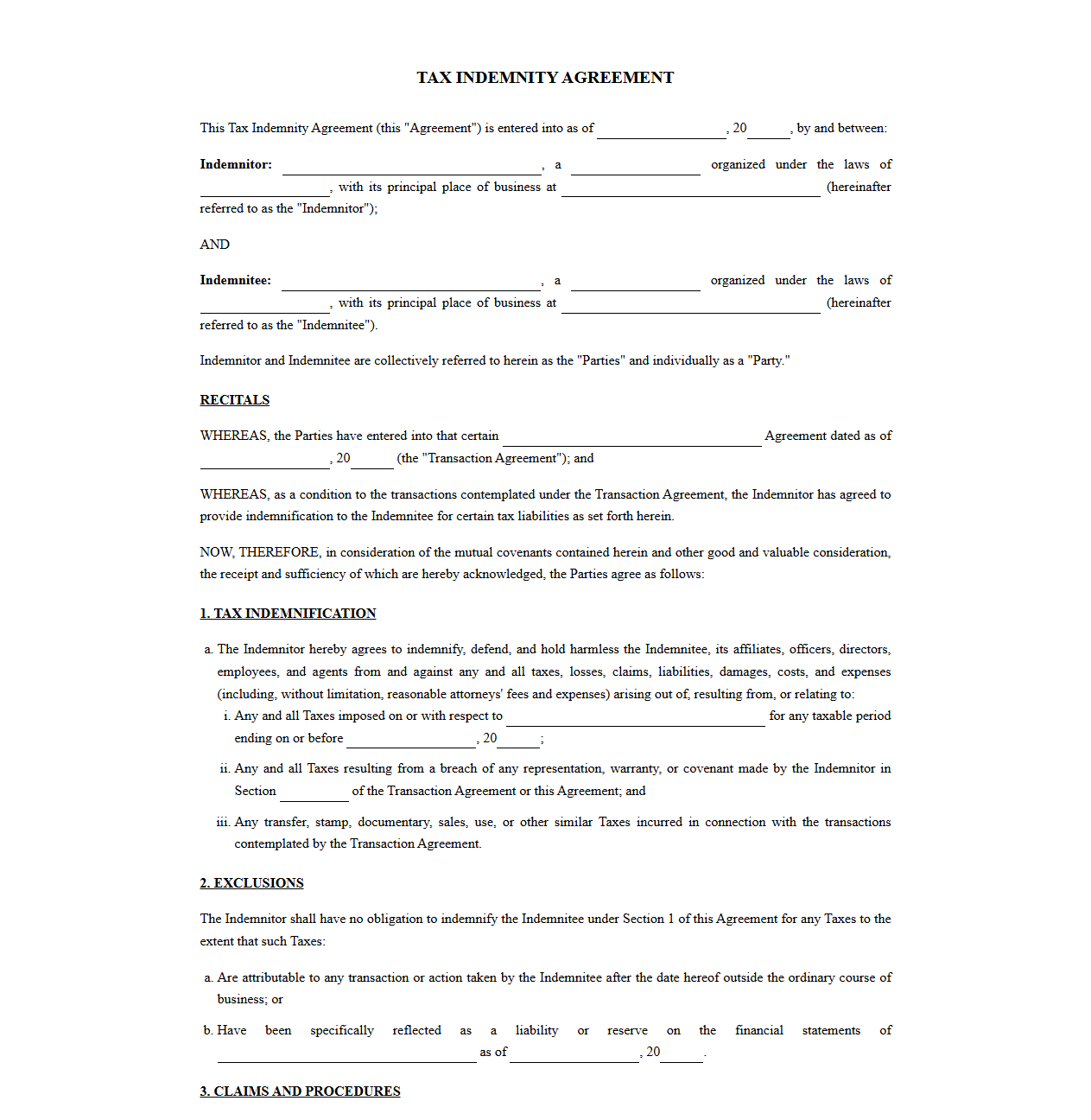 Tax Indemnity Agreement