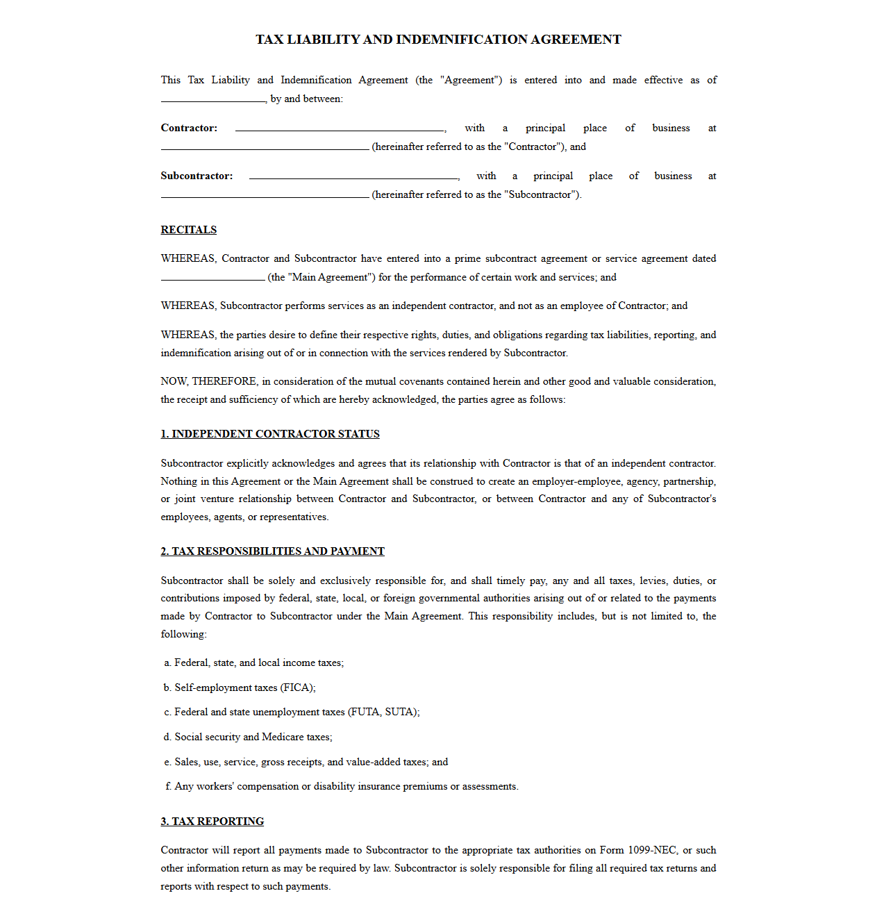 Tax Liability and Indemnification Agreement for Subcontractors