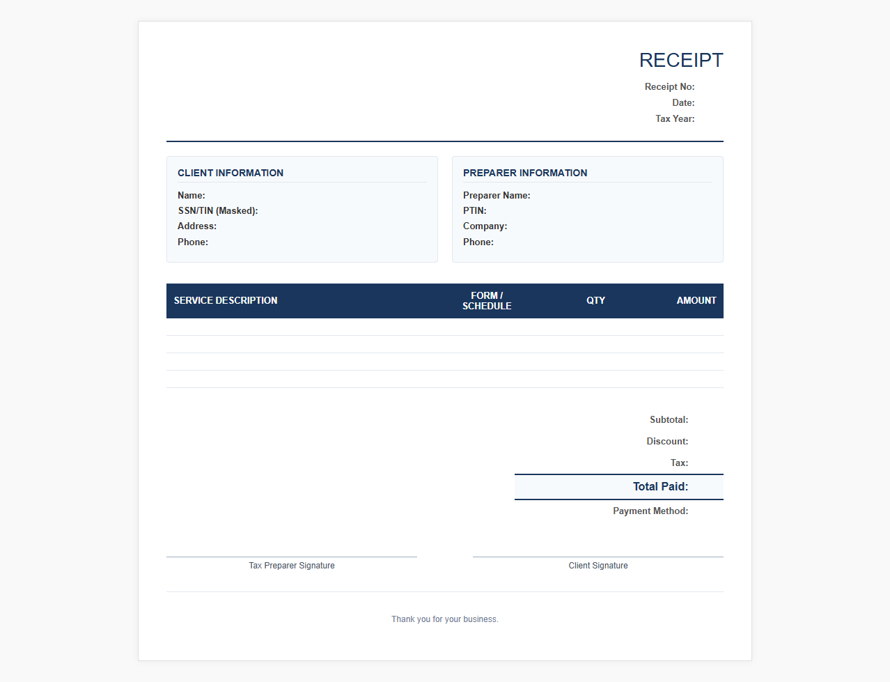 Tax Preparation Service Receipt Template