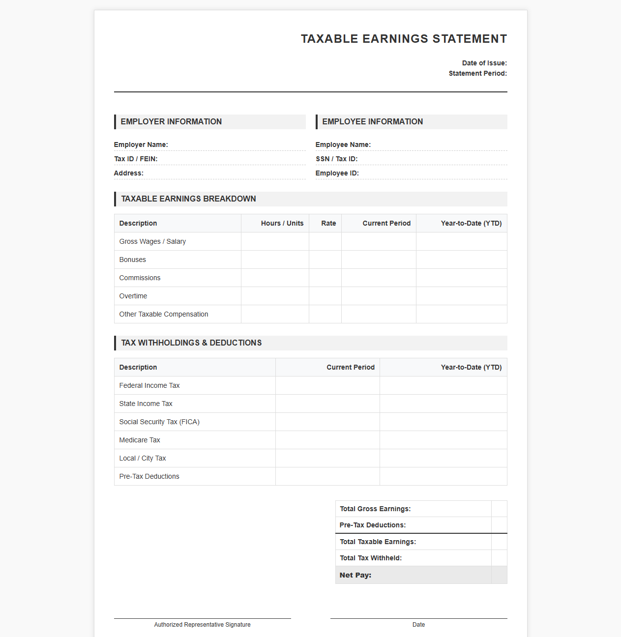Taxable Earnings Statement Template
