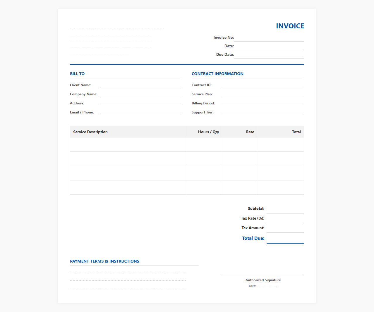 Technical Support Service Contract Invoice Form
