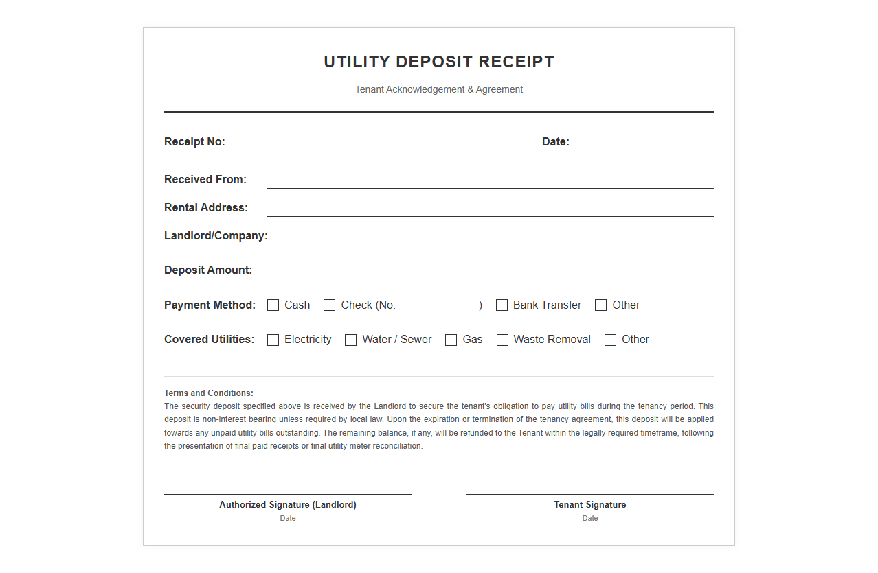 Tenant Utility Deposit Acknowledgement Receipt