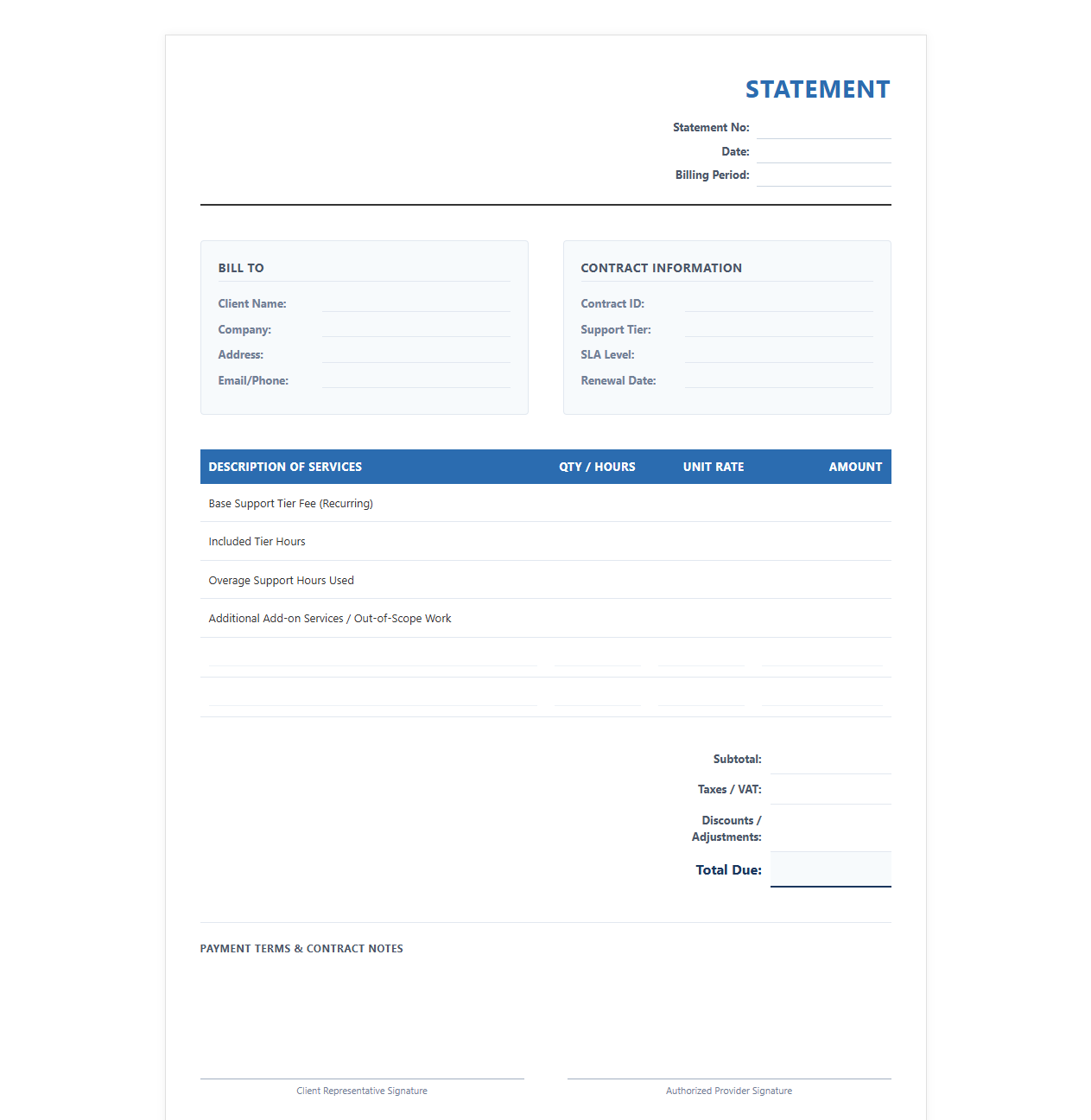 Tiered Support Contract Billing Statement