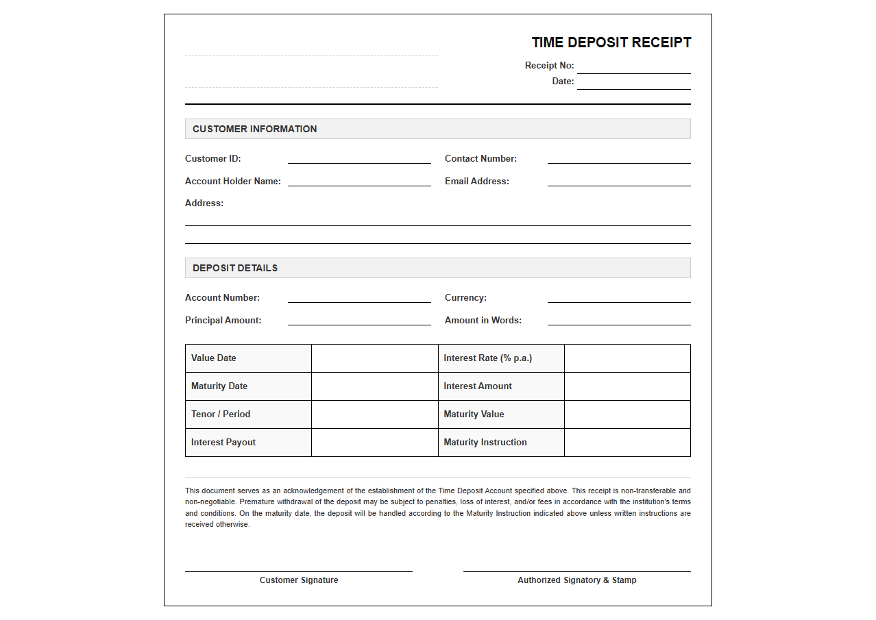 Time Deposit Account Opening Receipt