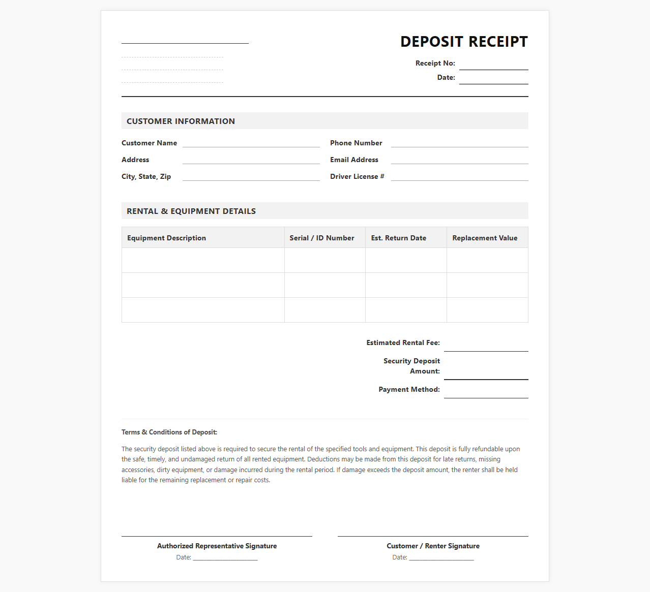 Tools and Equipment Rental Deposit Receipt Form