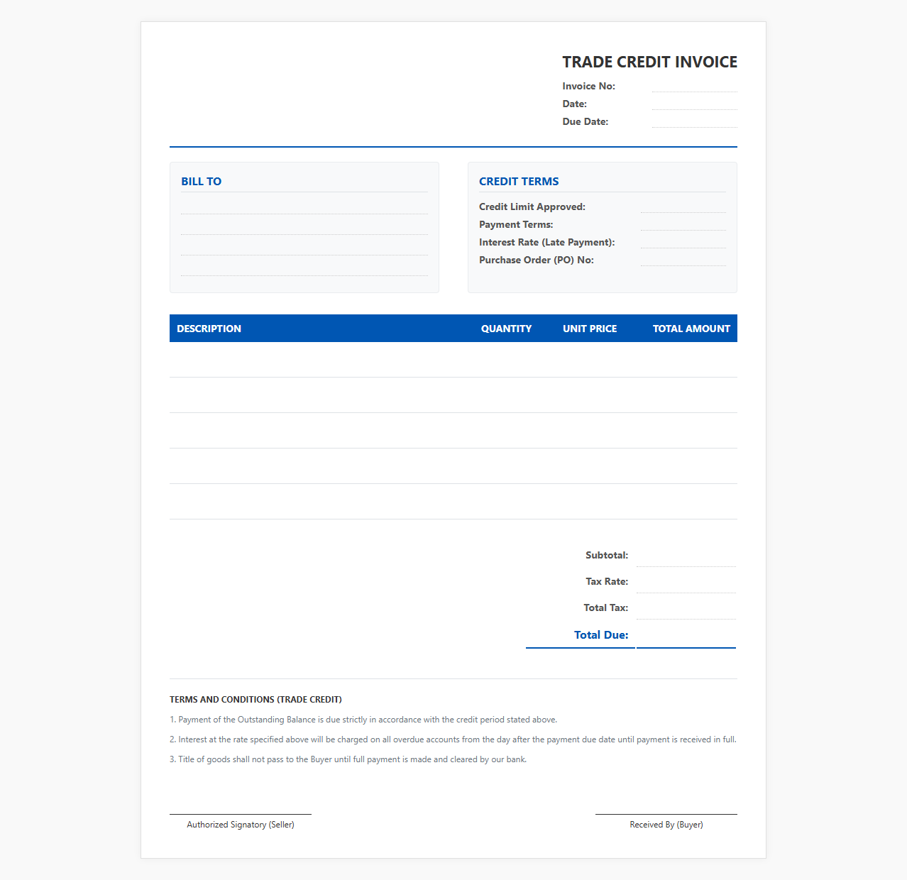 Trade Credit Billing Invoice Template
