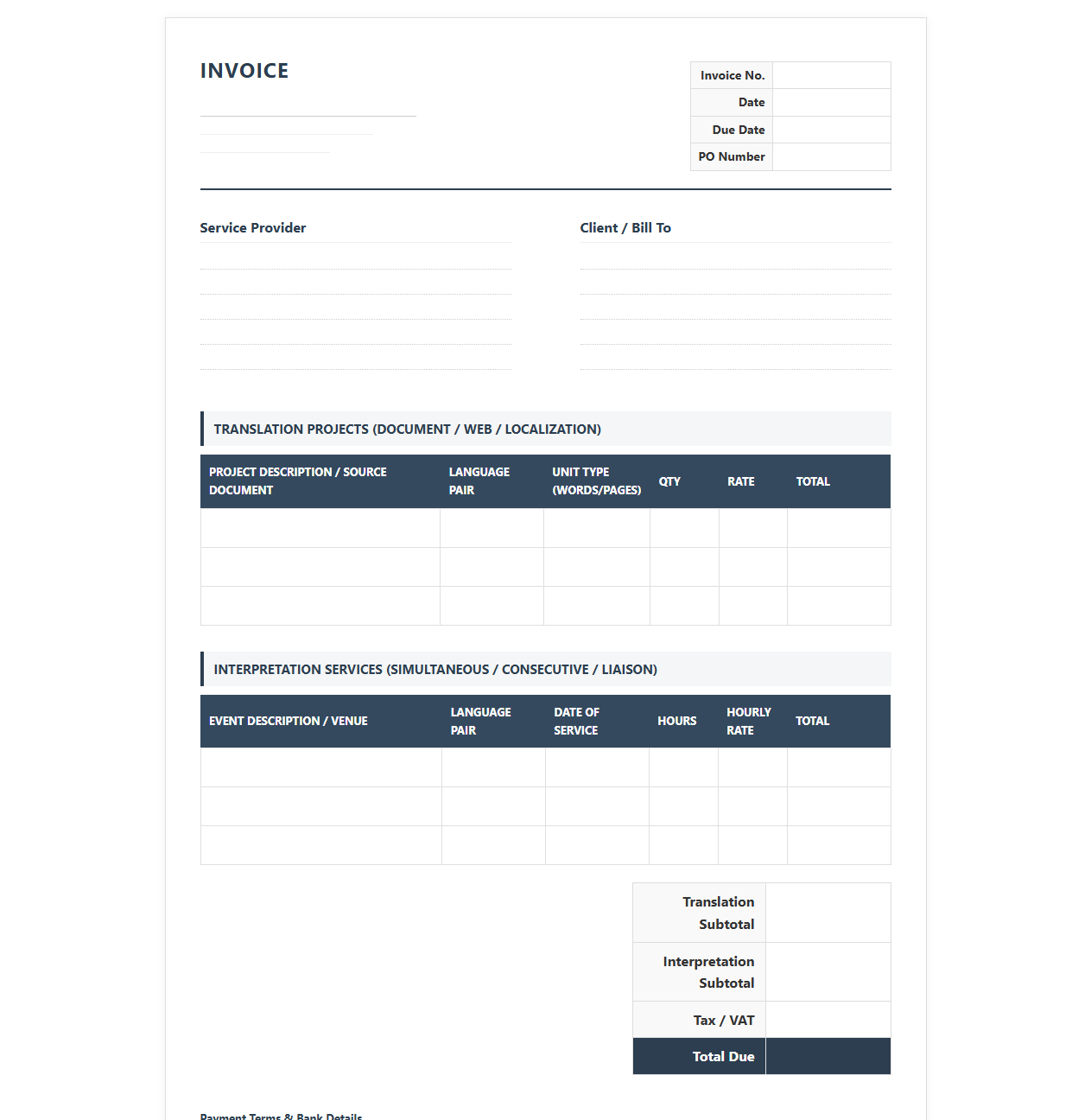 Translation Project and Interpretation Hours Invoice