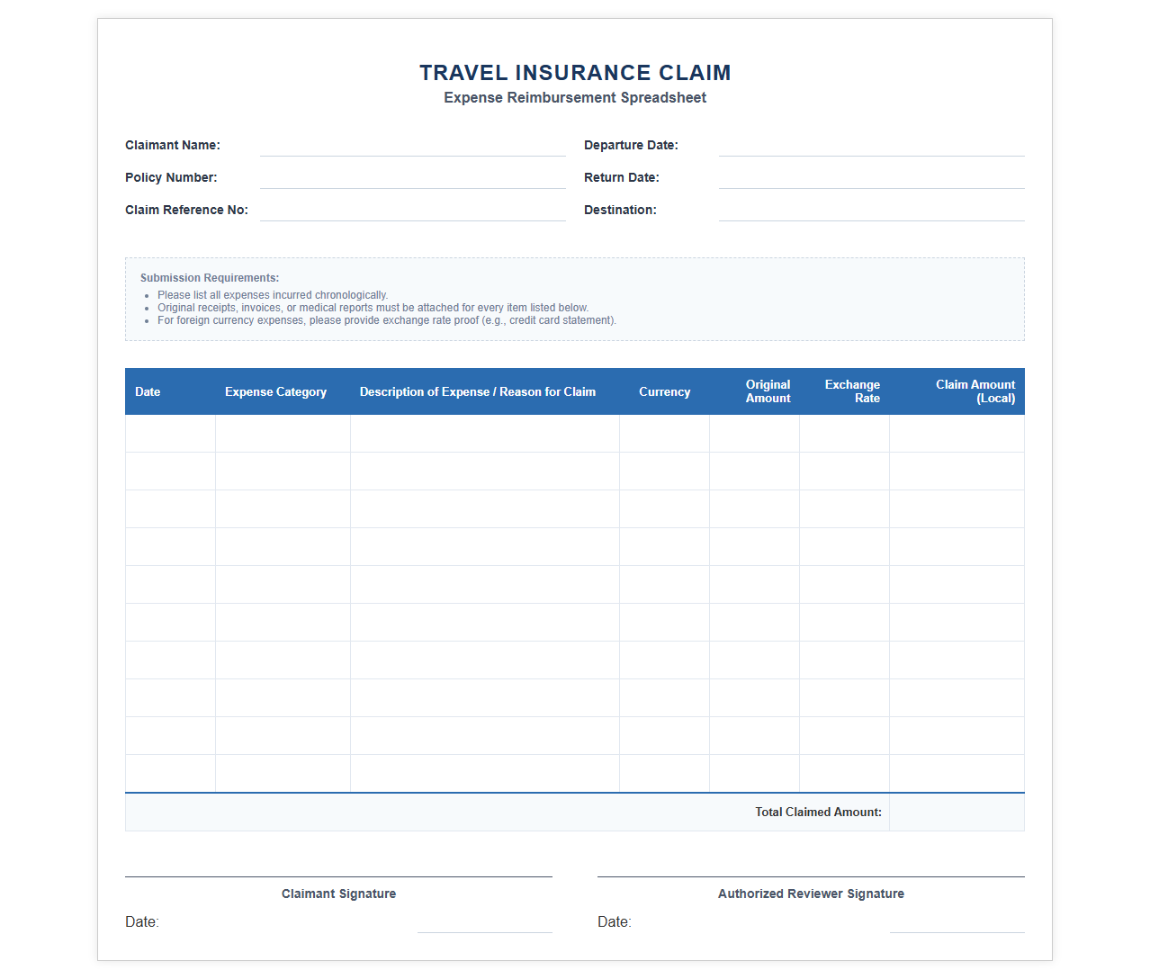 Travel Cover Expense Reimbursement Spreadsheet