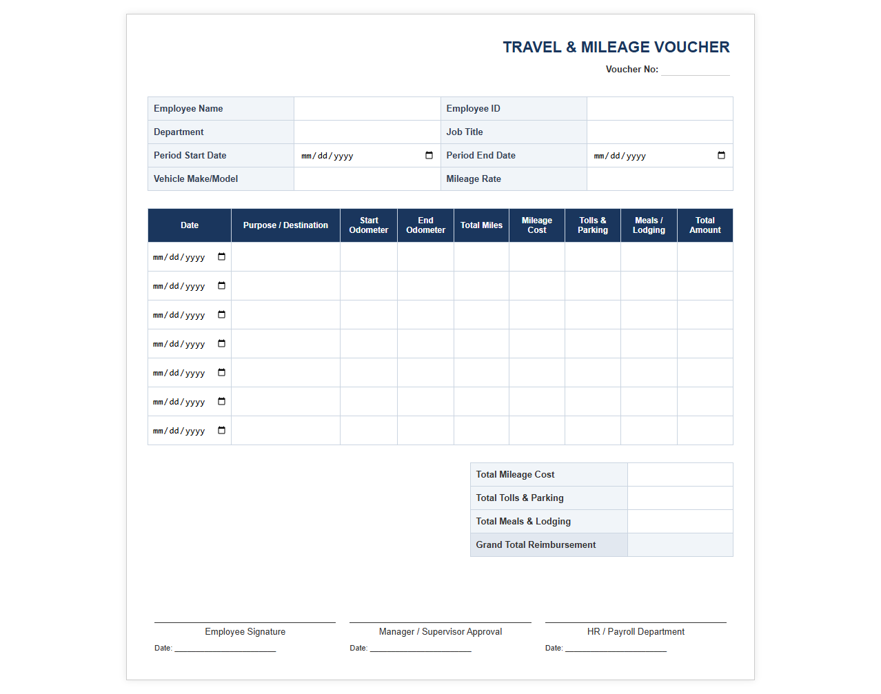 Travel and Mileage Reimbursement Payroll Voucher