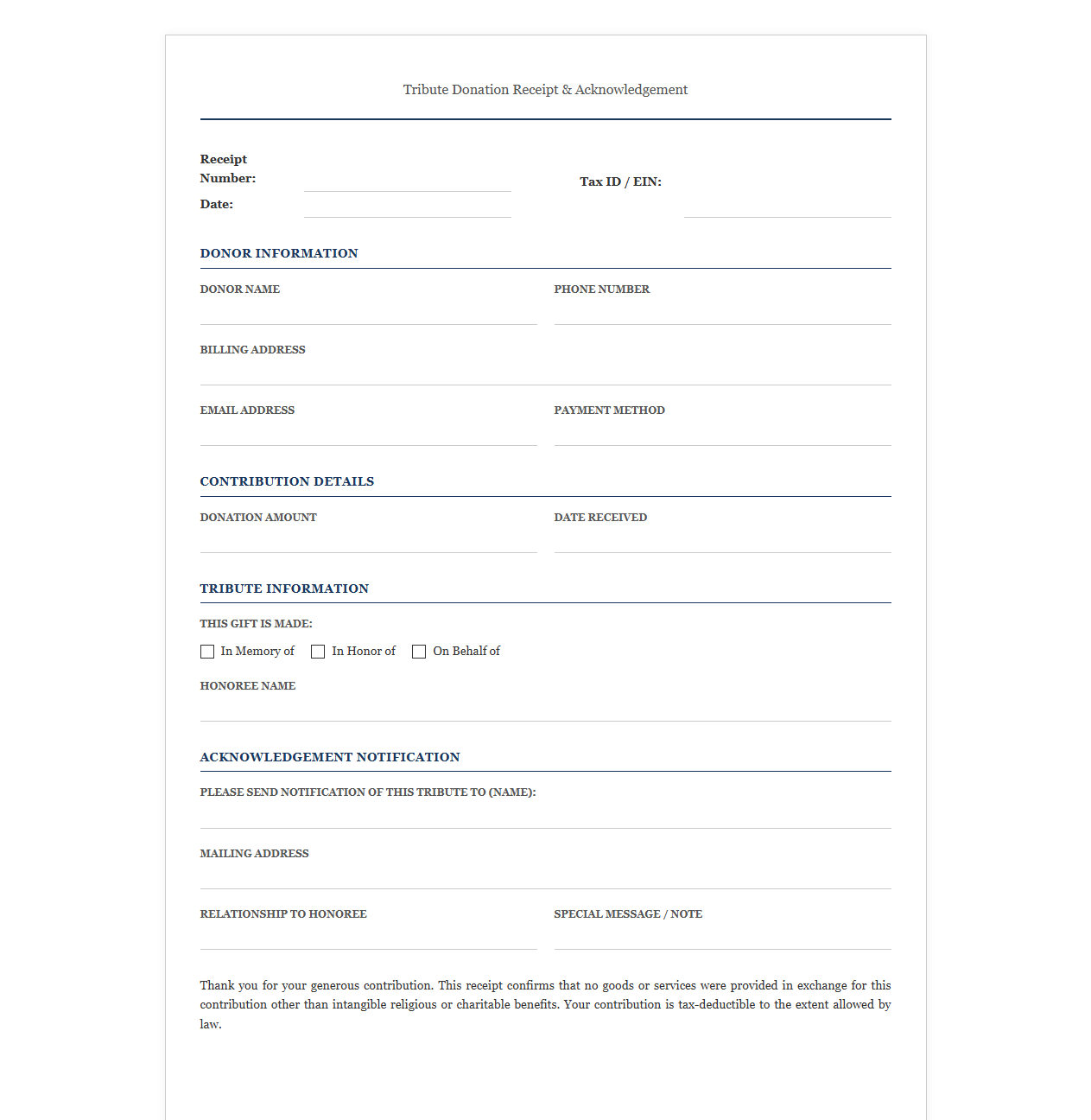 Tribute Donation Receipt and Acknowledgement Form