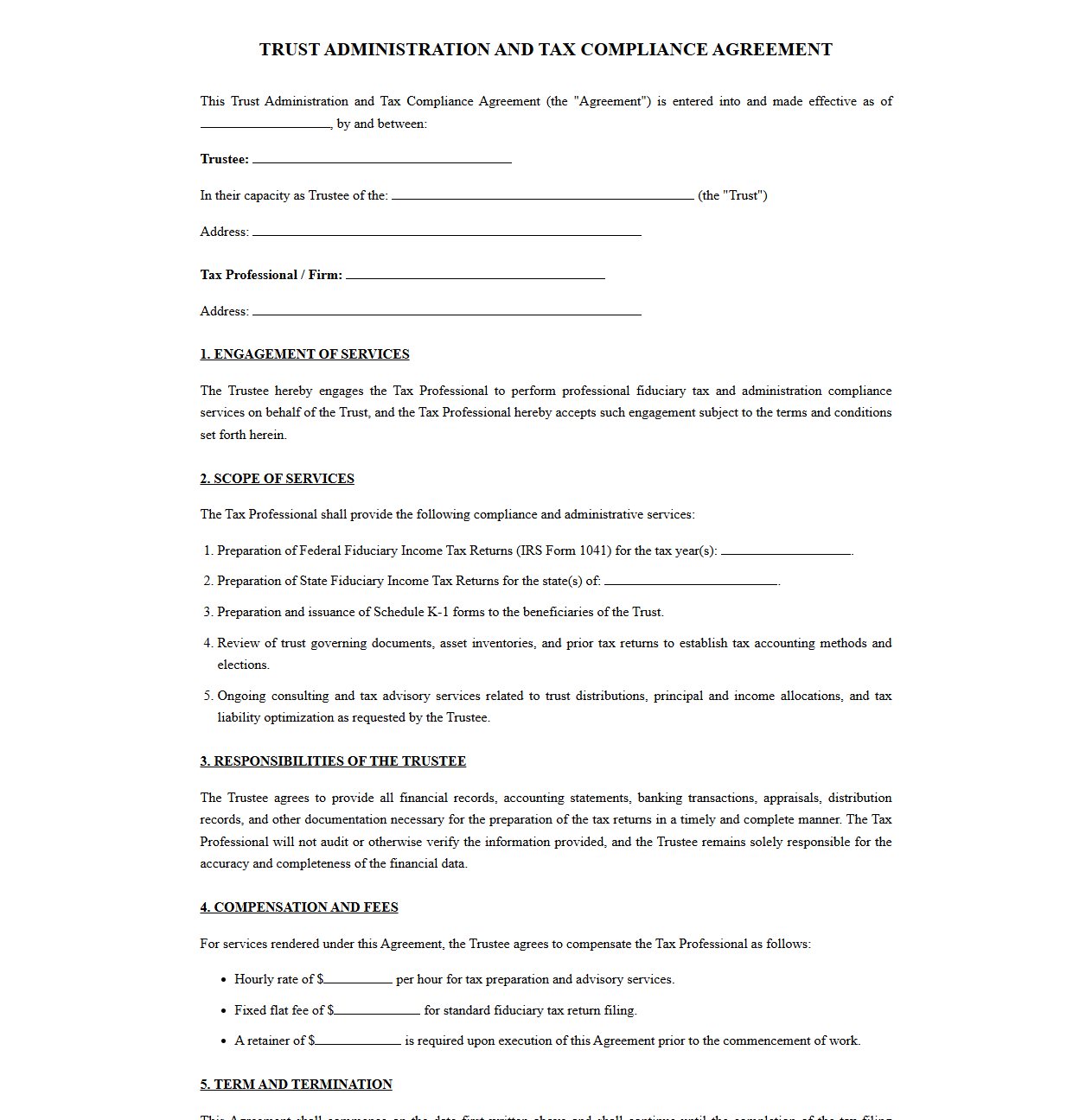 Trust Administration and Tax Compliance Agreement