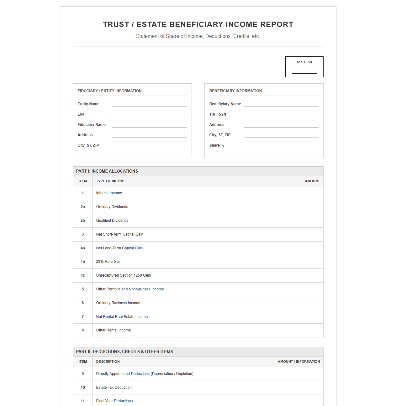 Trust and Estate Beneficiary Income Report Template