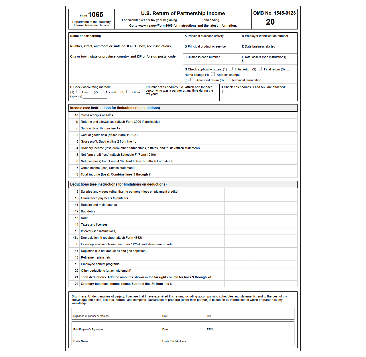 U.S. Return of Partnership Income Form 1065 Template