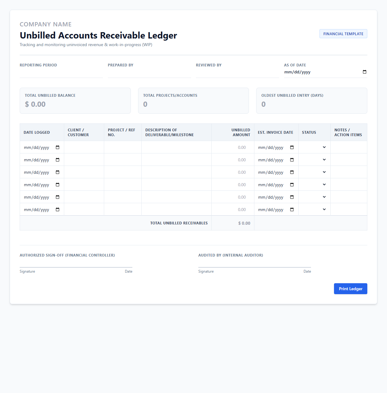 Unbilled Accounts Receivable Tracking Ledger