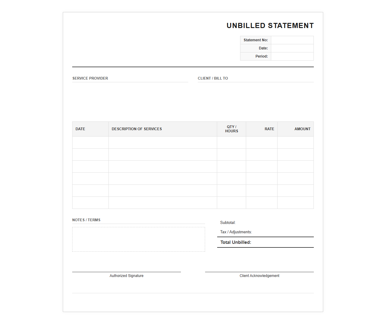 Unbilled Services Invoice Statement Template