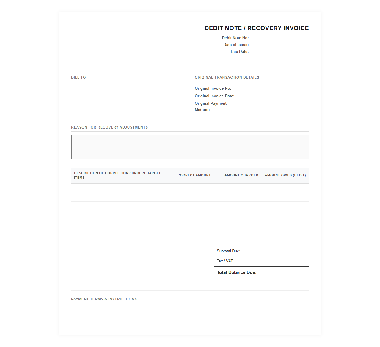 Undercharged Transaction Recovery Invoice