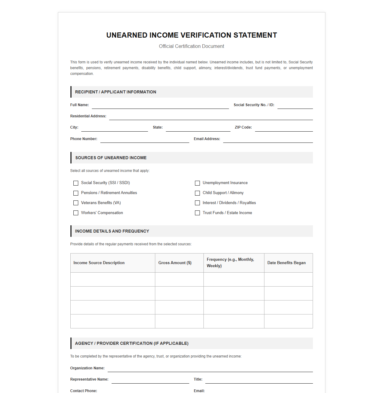 Unearned Income Verification Statement