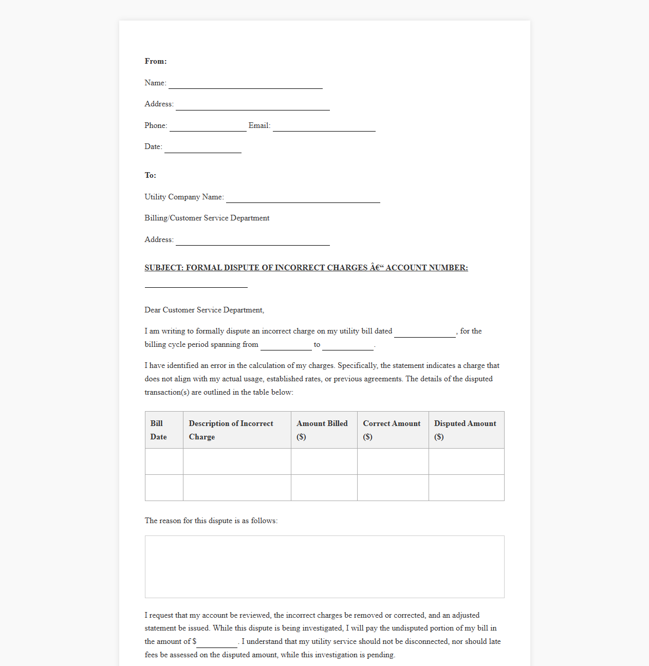 Utility Bill Incorrect Charge Dispute Letter