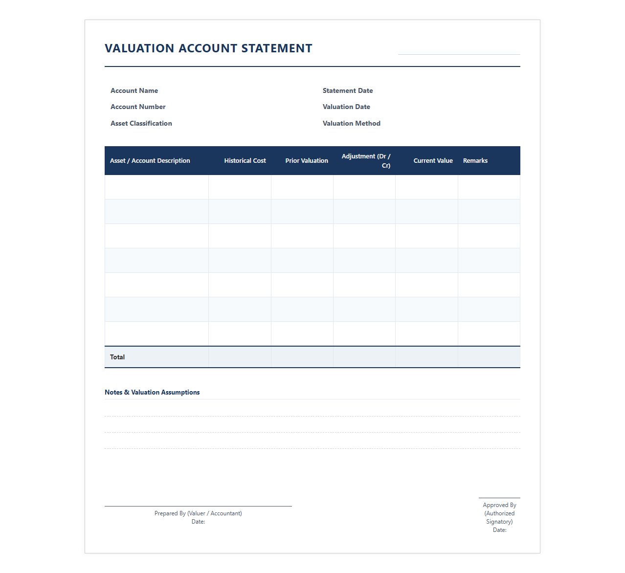 Valuation Account Statement Template