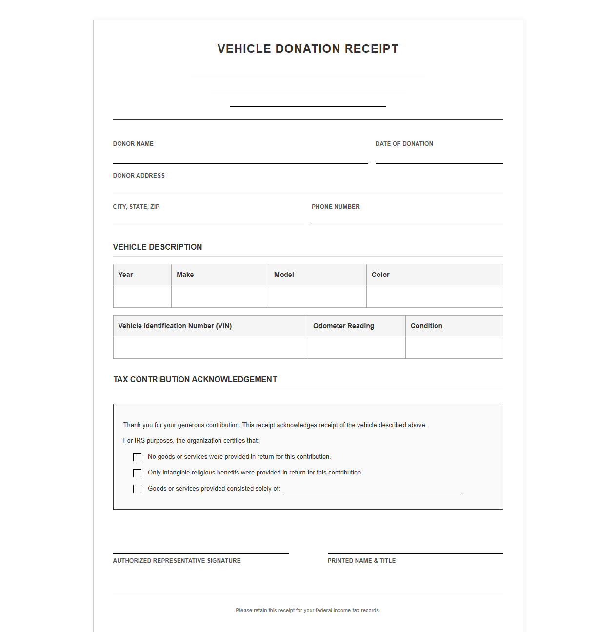 Vehicle Donation Acknowledgment Letter and Receipt