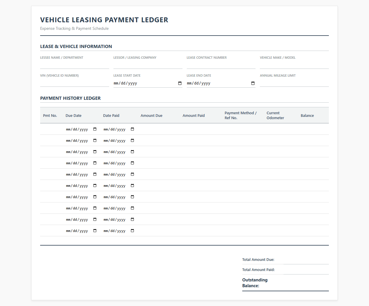 Vehicle Leasing Payment Ledger Template