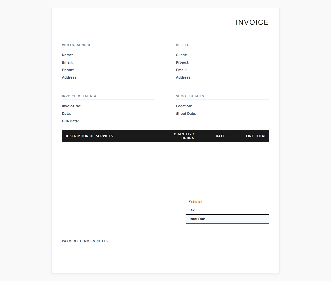 Videography Service Invoice Template