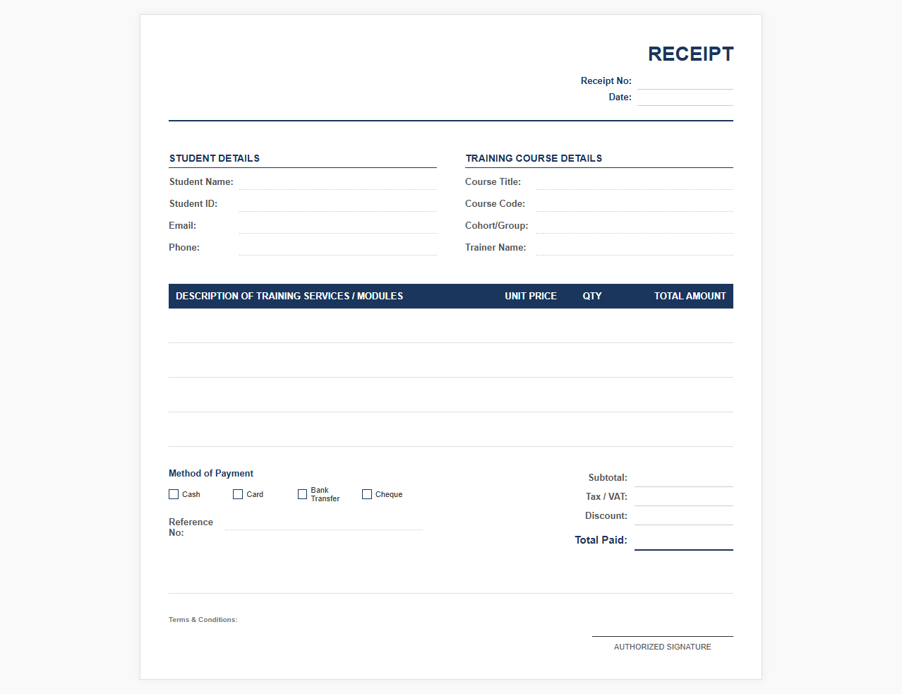 Vocational Education Training Receipt Document