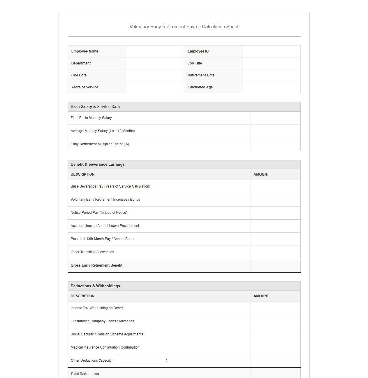 Voluntary Early Retirement Payroll Calculation Sheet