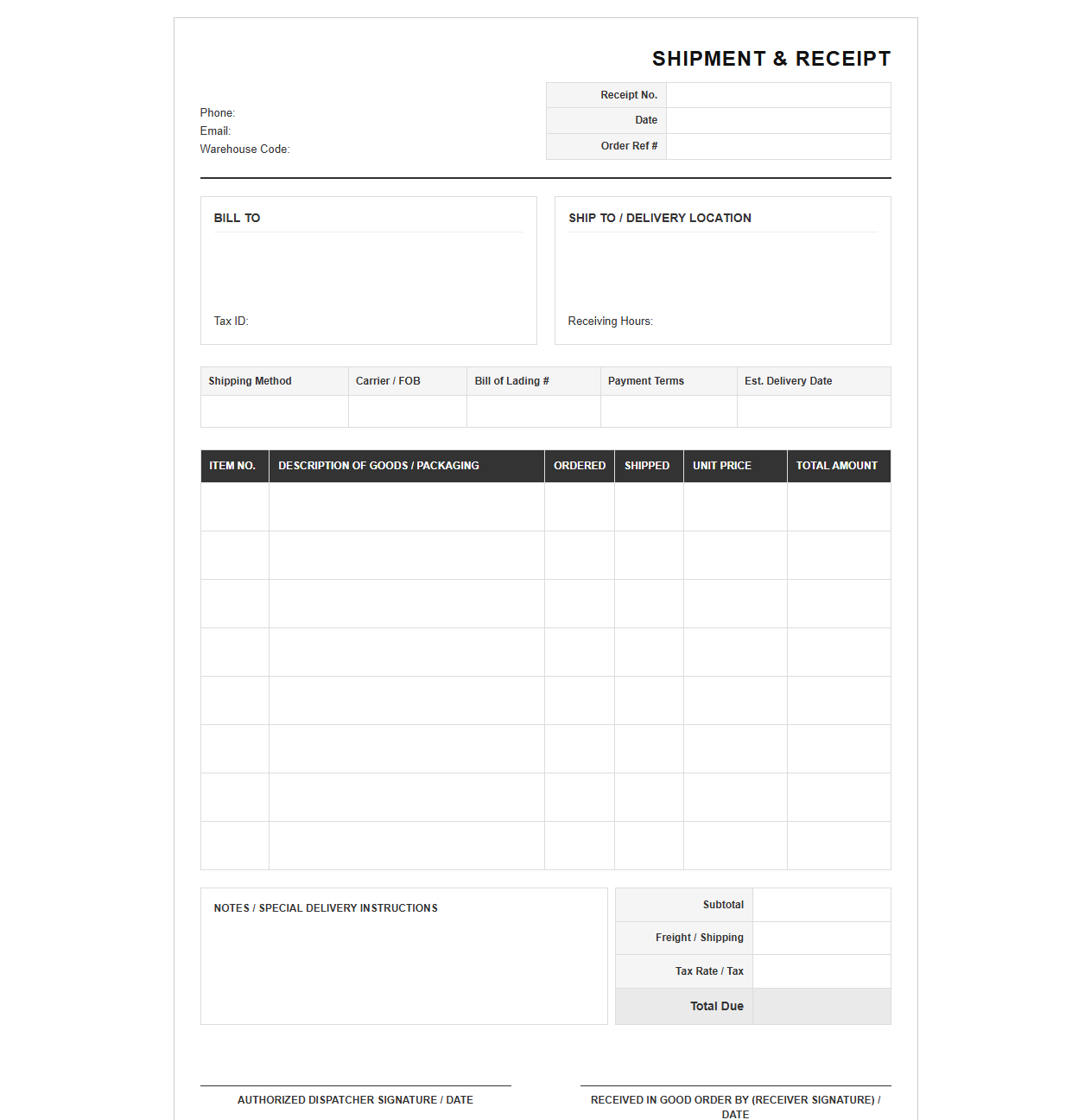 Warehouse Wholesale Shipment and Sales Receipt