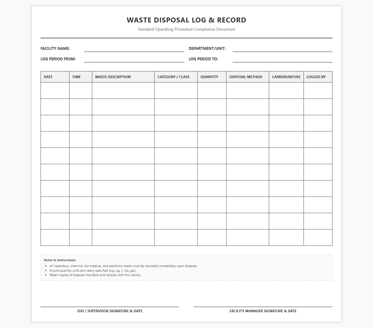 Waste Disposal Log and Record