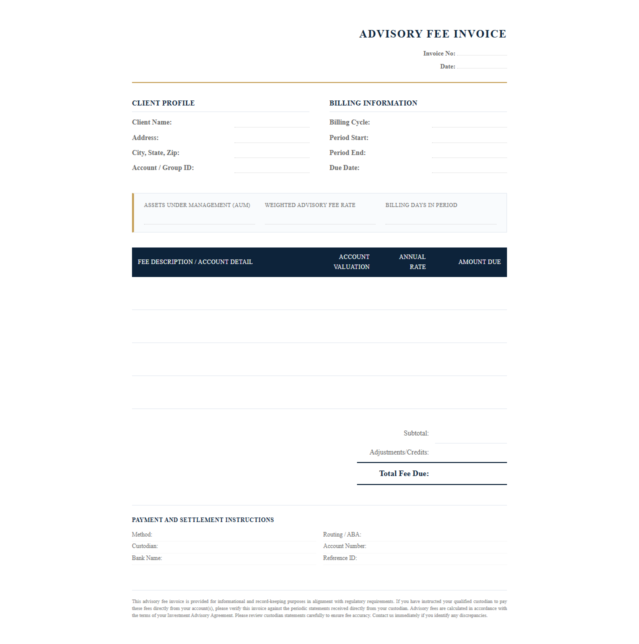 Wealth Management Advisory Fee Invoice Template