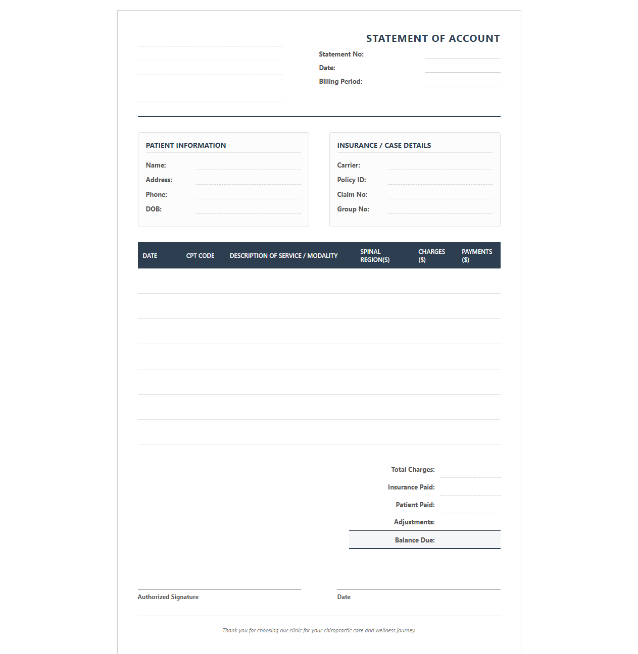 Weekly Chiropractic Treatment Statement of Account