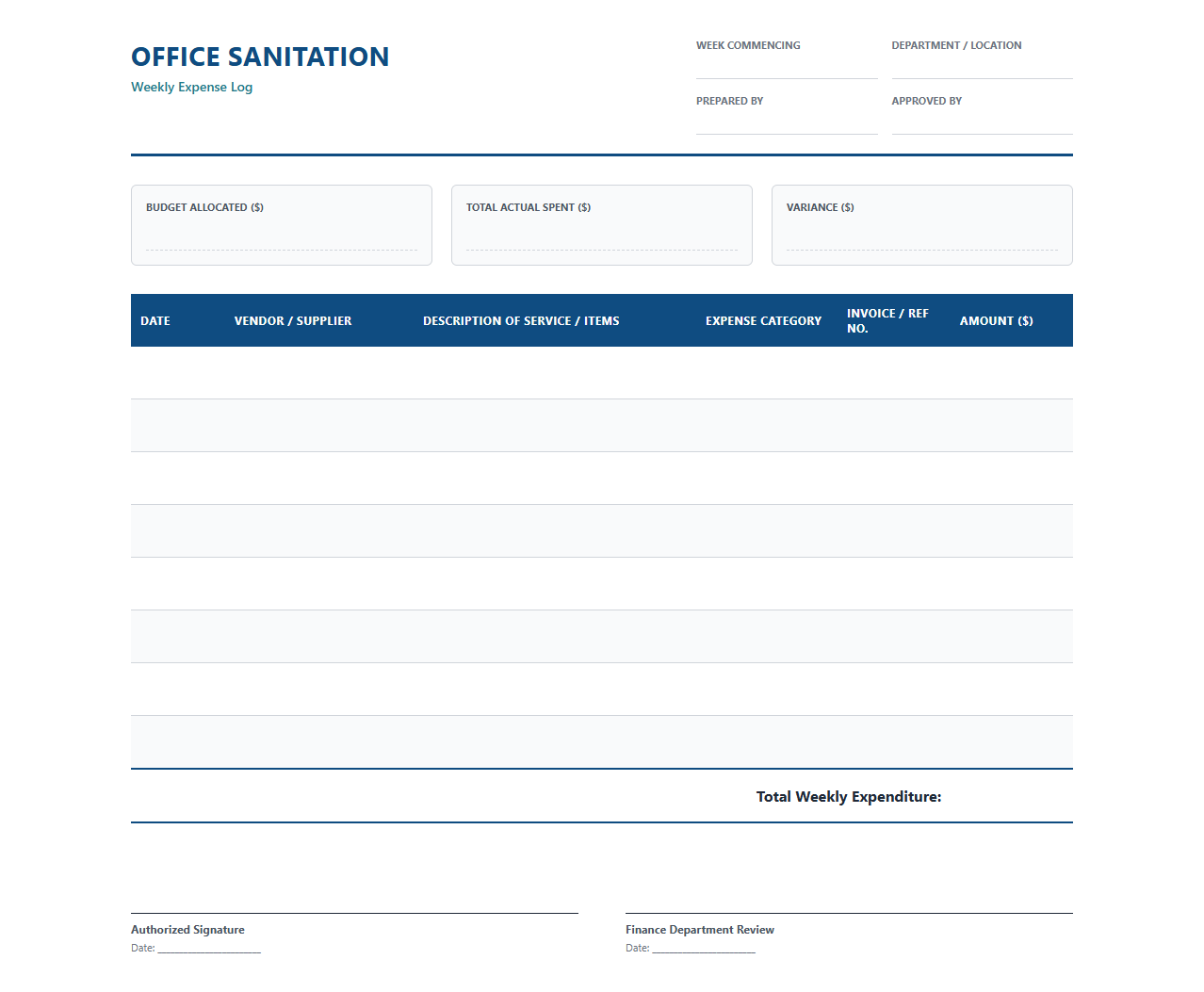 Weekly Office Sanitation Expense Log