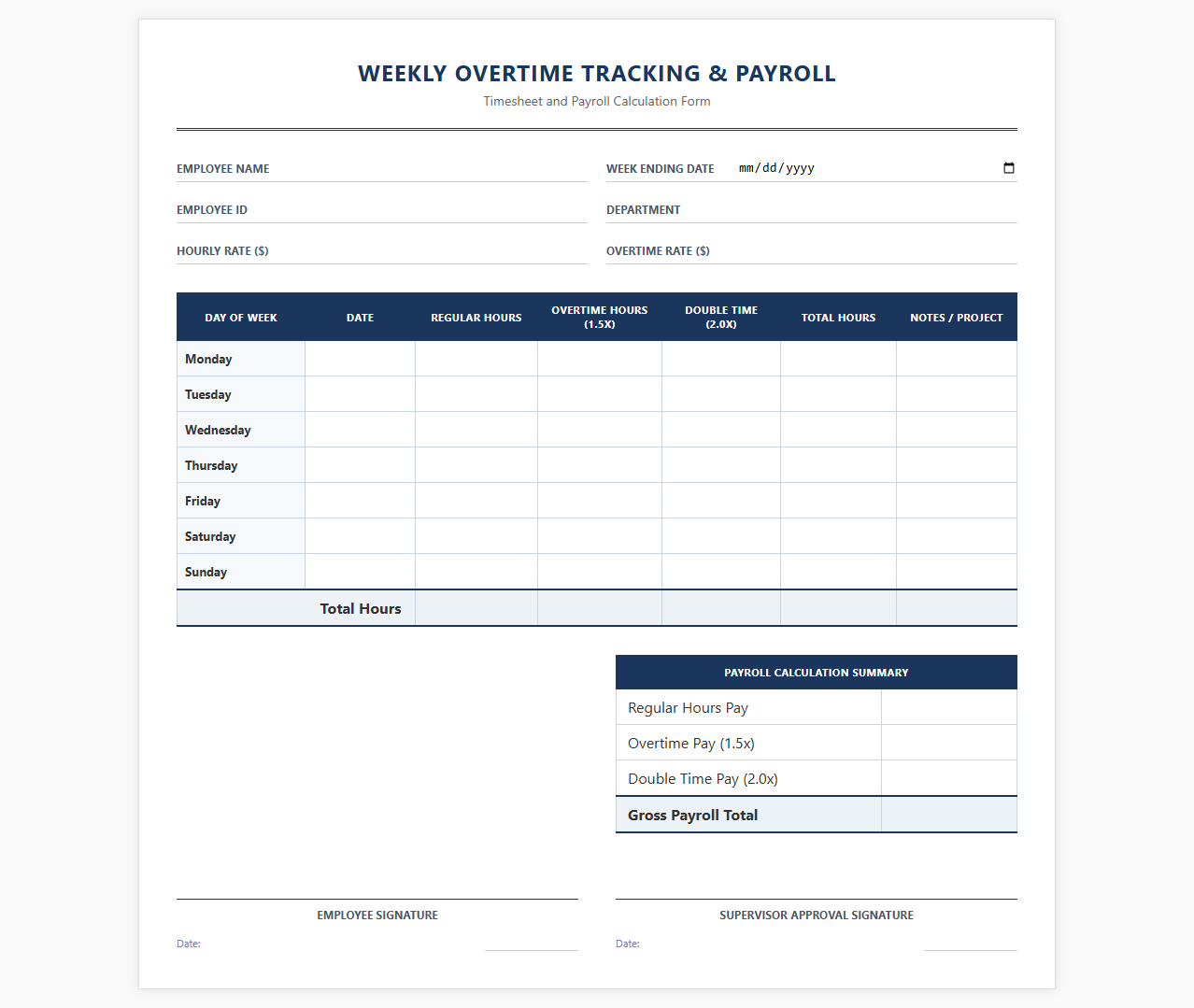 Weekly Overtime Tracking and Payroll Template