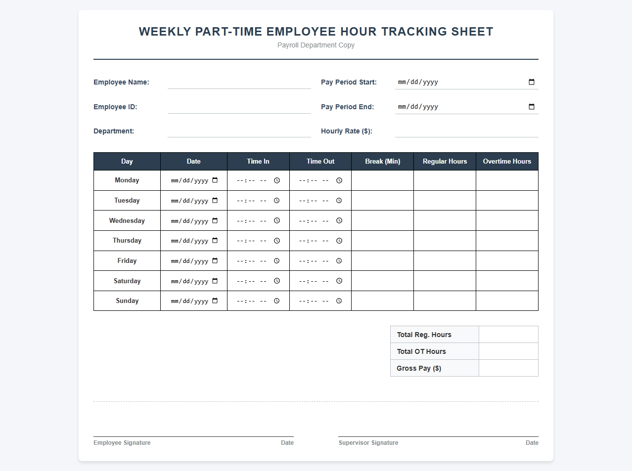 Weekly Part-Time Employee Hour Tracking Sheet