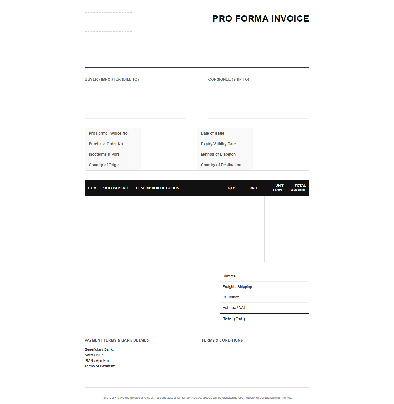 Wholesale Trade Pro Forma Invoice Format