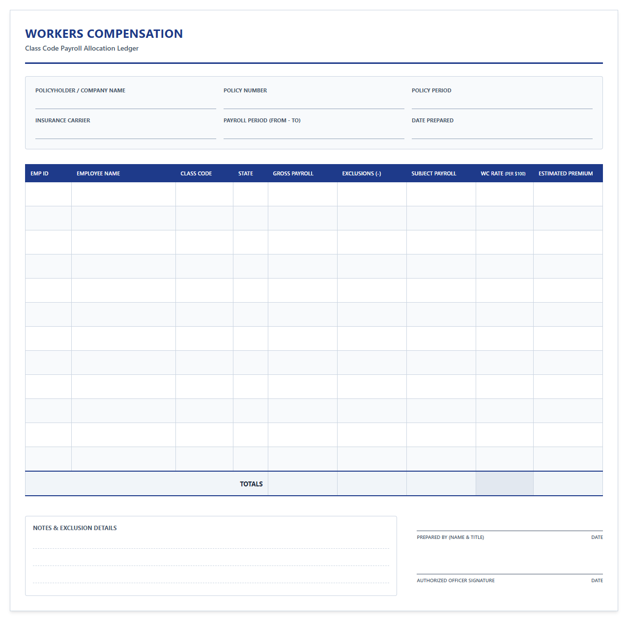 Workers Compensation Class Code Payroll Allocation Ledger