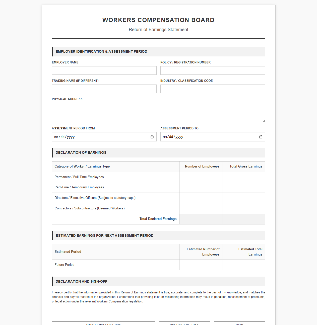 Workers Compensation Return of Earnings Template