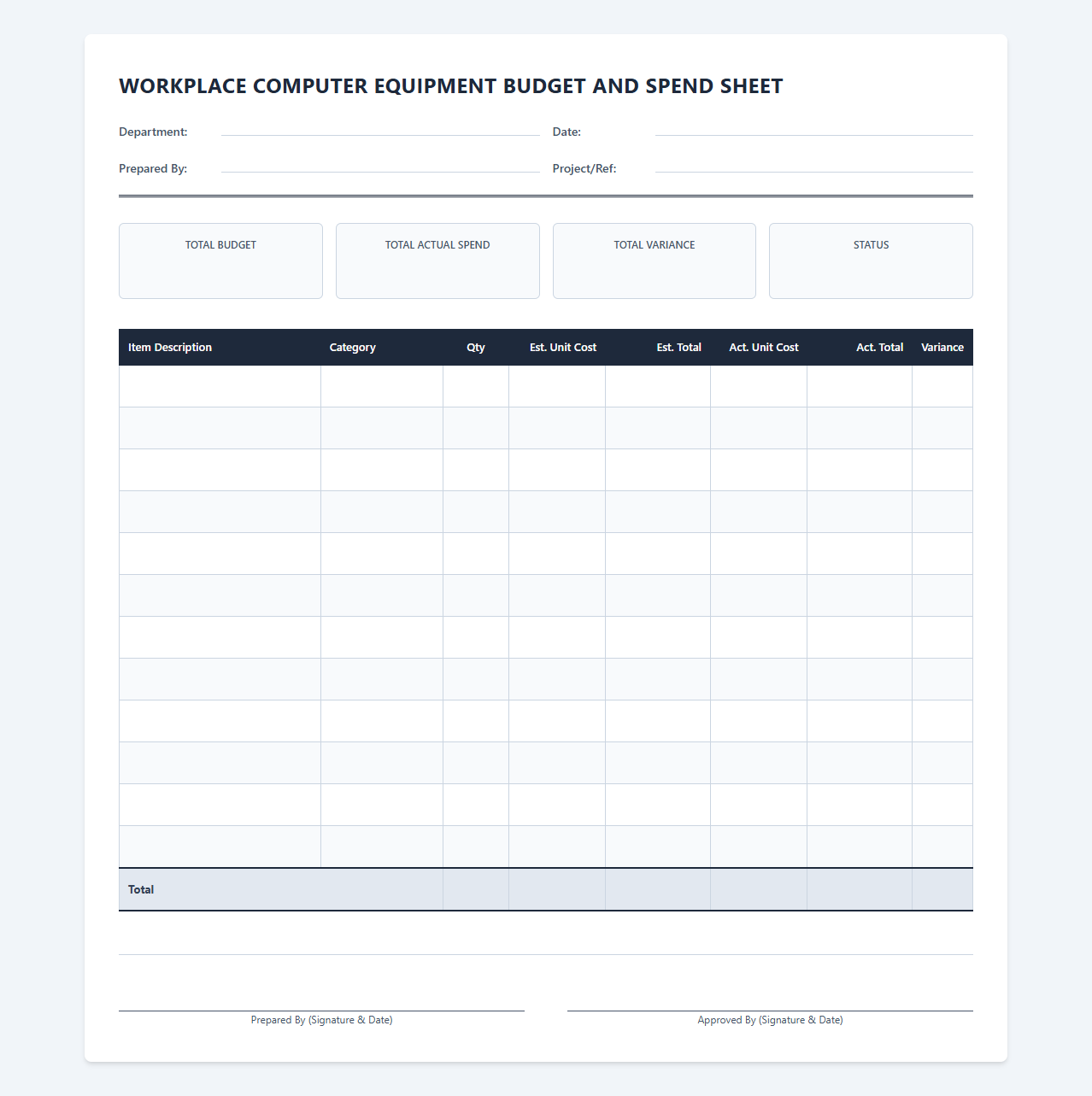 Workplace Computer Equipment Budget and Spend Sheet
