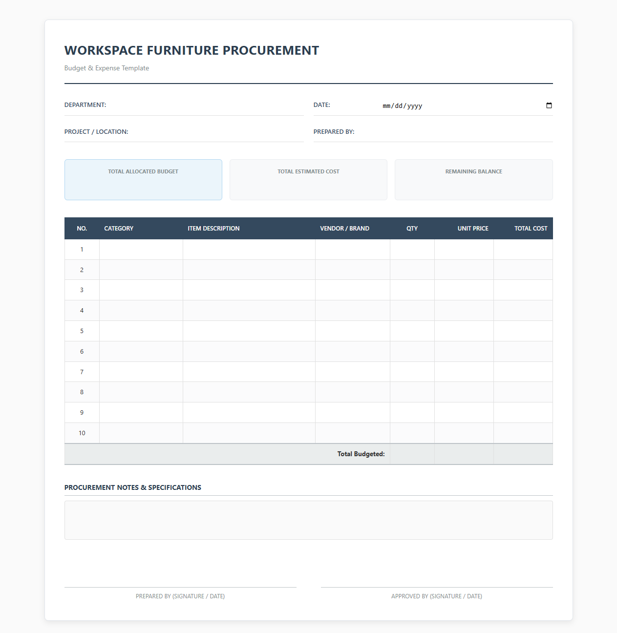 Workspace Furniture Procurement Budget Template