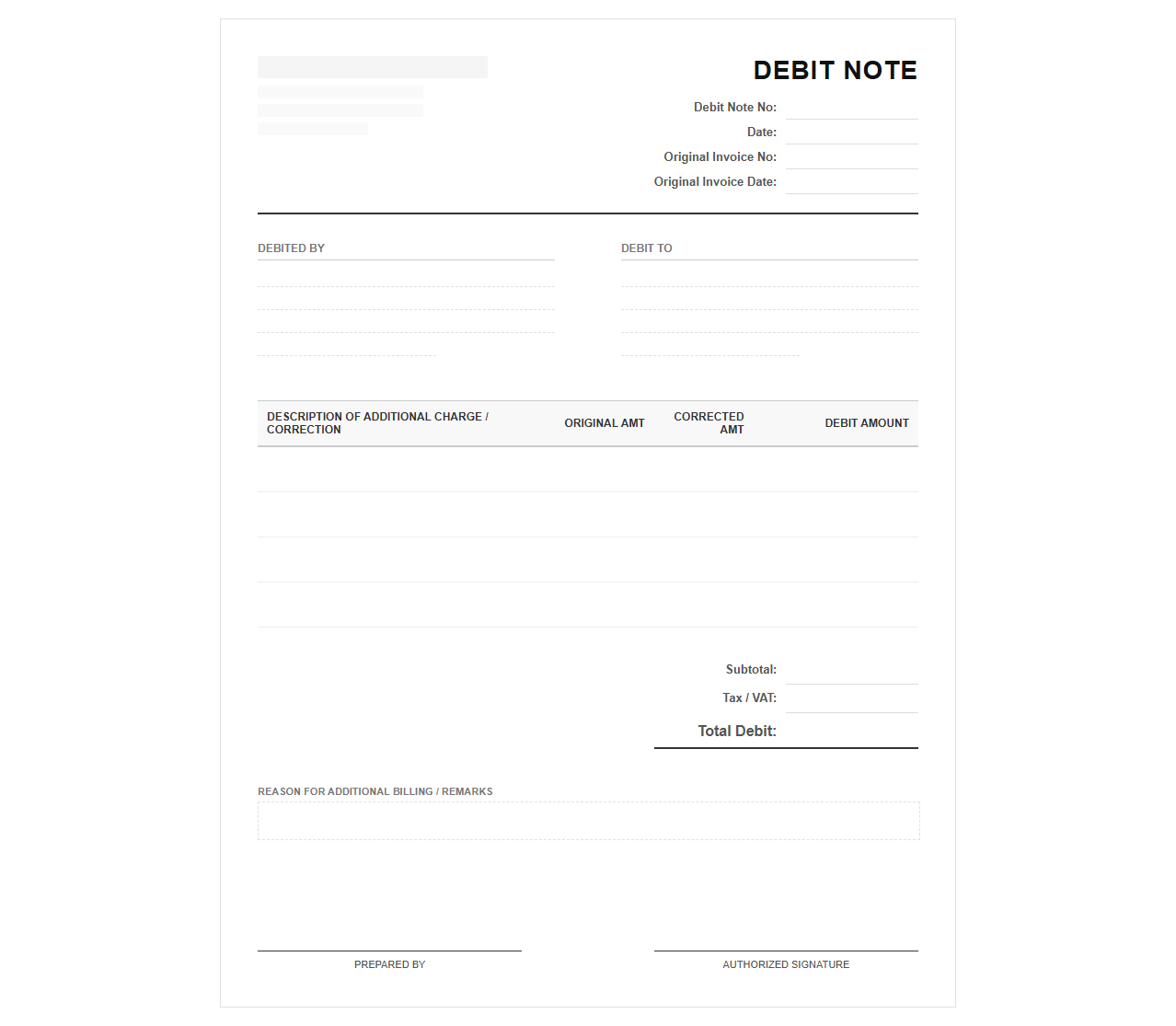 Additional Billing Debit Note Template